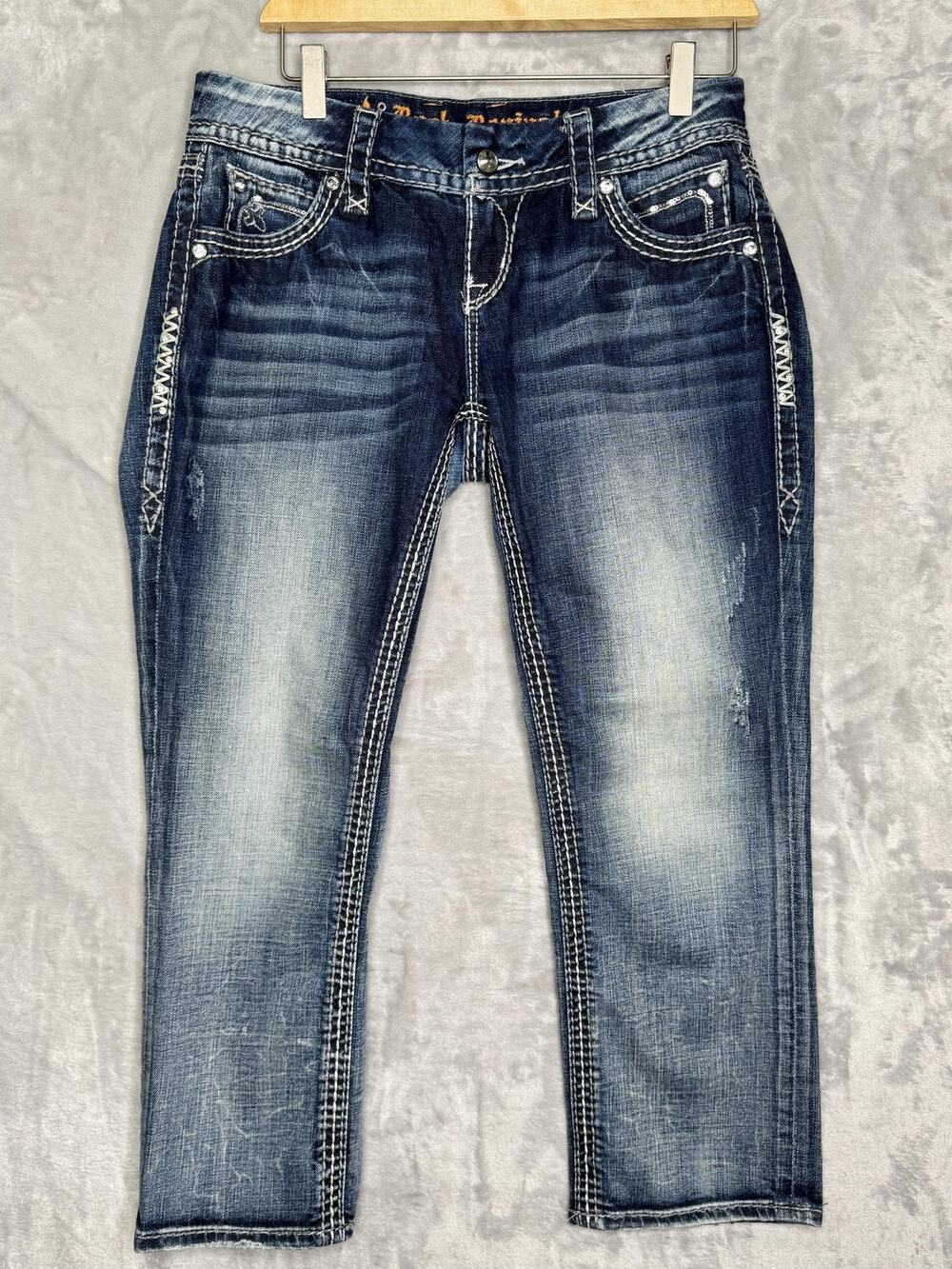 Rock Revival Lynkai Easy Crop Jeans Womens 27 Blue Distressed Rhinestone Sequin